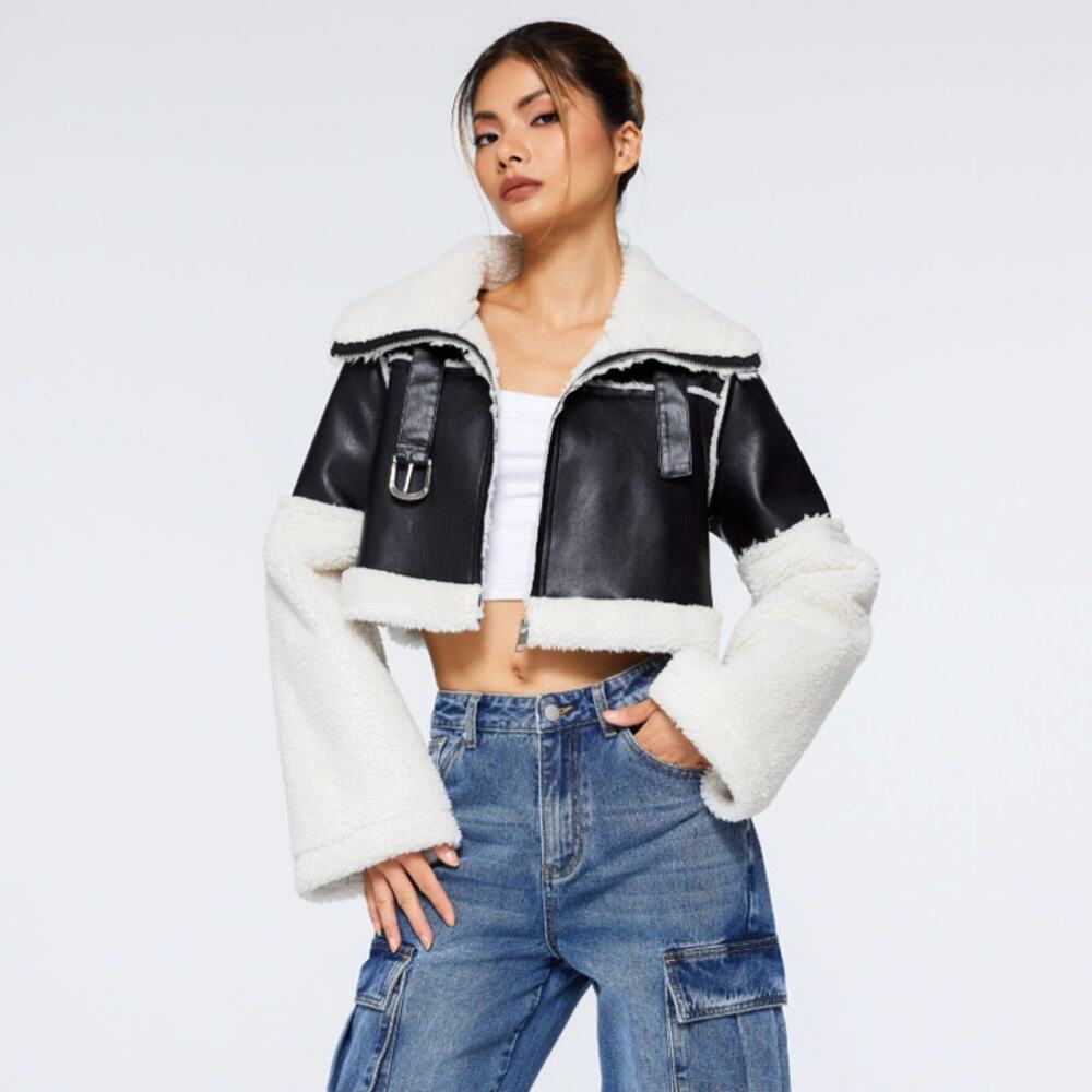 Cider faux leather shearling patchy cropped black white collared jacket medium